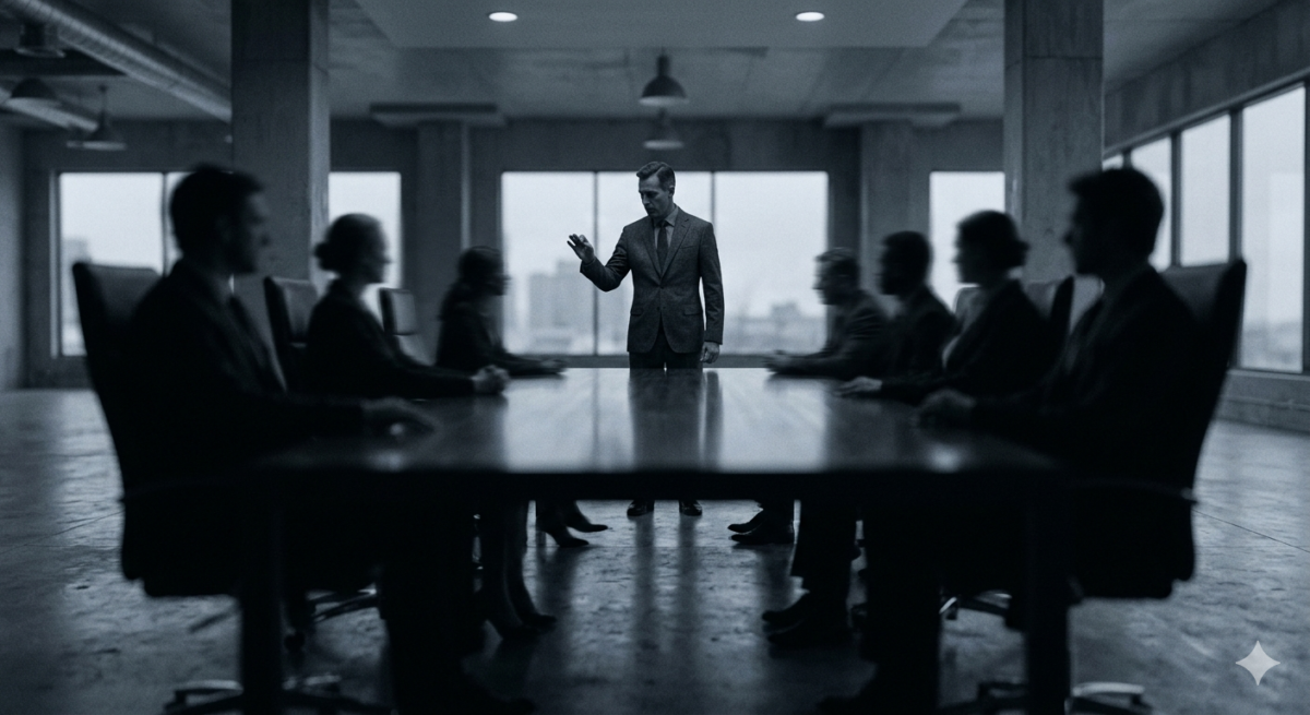 The Conviction Gap illustrated: a senior leader presenting to executives in a boardroom, demonstrating the career skill AI cannot replace