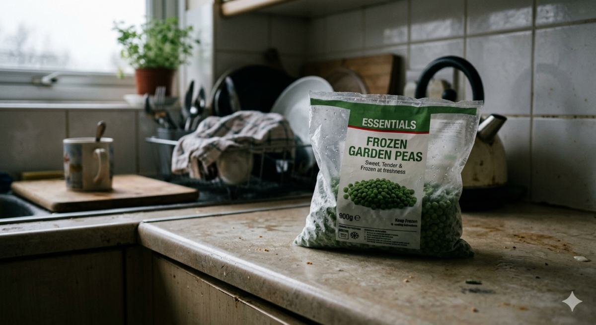 ordinary proof - a frozen peas bag on a kitchen counter