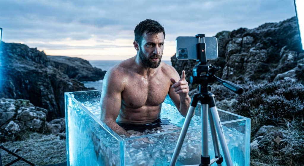 “Broicism” in the wild: the cold plunge, the camera, and the philosophy with its ethics scraped out.