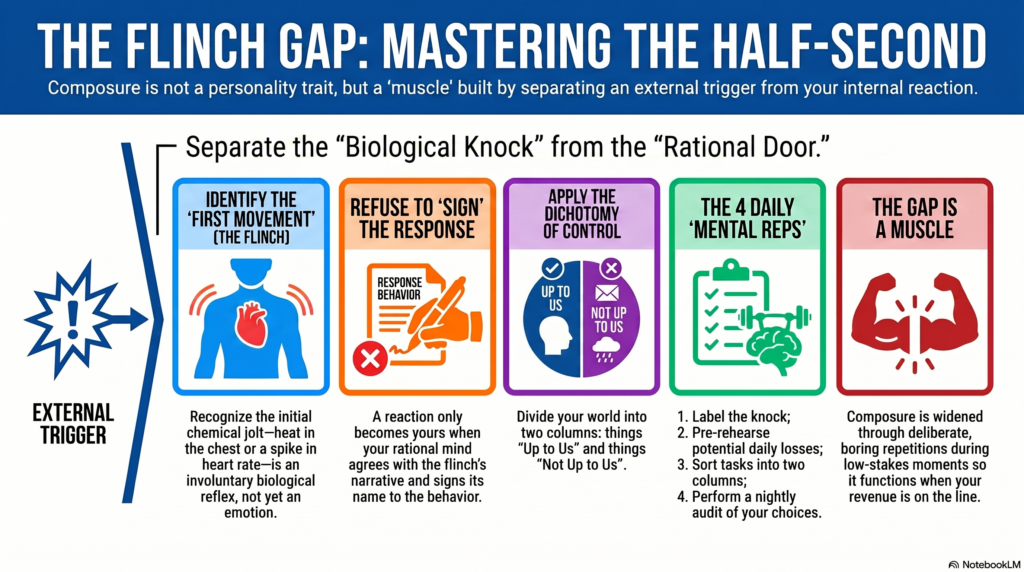 The flinch gap at a glance: separating the involuntary “knock” from the choice to open the door.