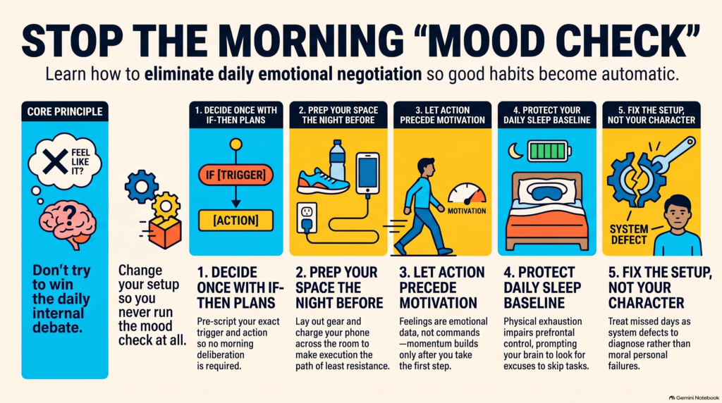 Infographic: stop the morning mood check and build consistent habits in five steps, decide once with if-then plans, prep your space the night before, let action come before motivation, protect your sleep, fix the setup rather than your character