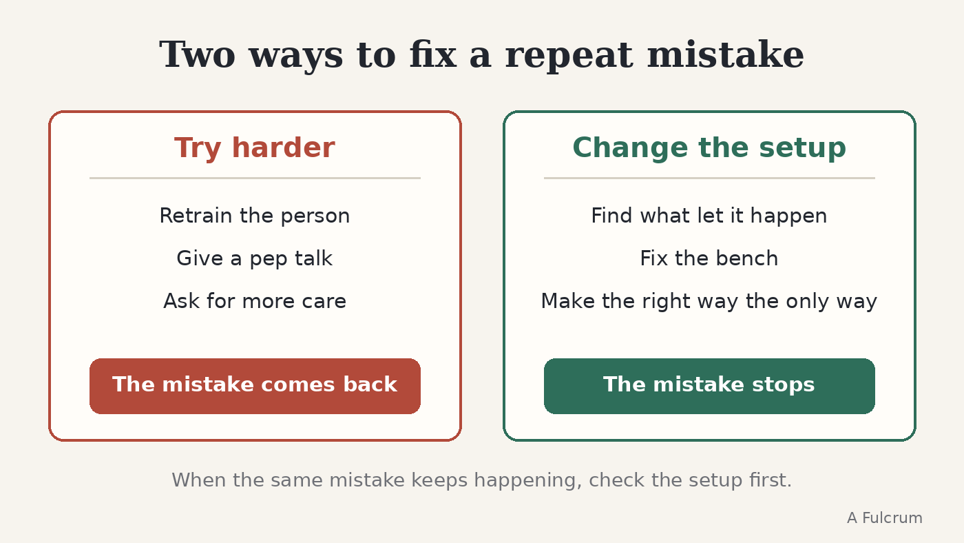 Two ways to fix a repeat mistake: try harder and the mistake comes back, change the setup and the mistake stops